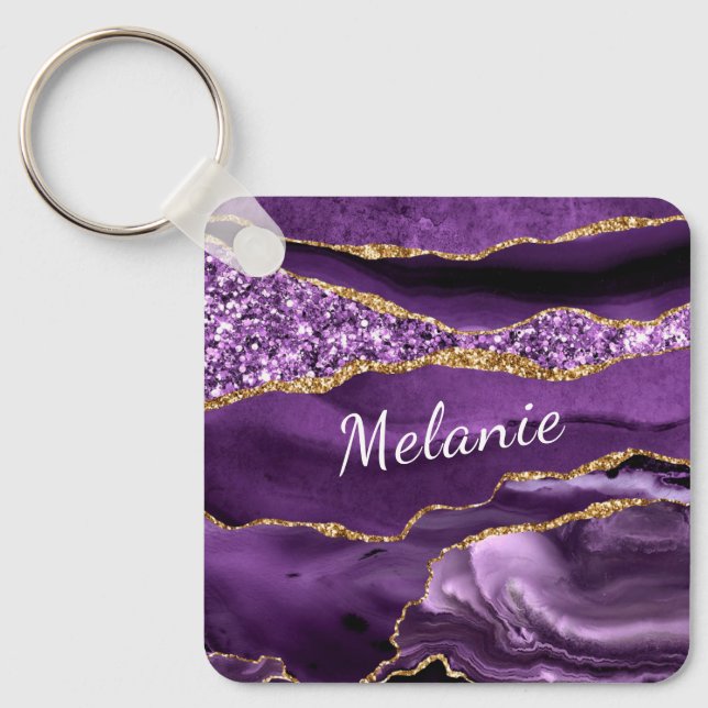 Purple Gold Glitter Marble Custom Name Keychain (Front)