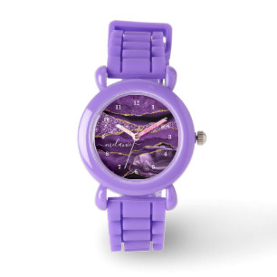 Purple Gold Glitter Marble Custom Name Watch Gift