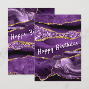 Purple Gold Glitter Marble Happy Birthday Card