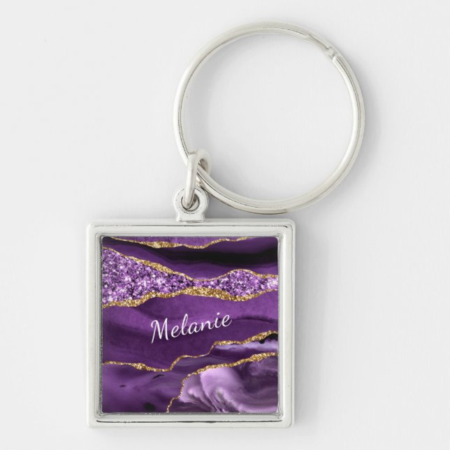 Purple Gold Glitter Marble Your Name Keychain Gift (Front)