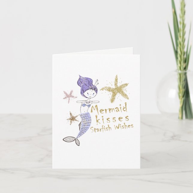 Purple & Gold Glitter Mermaid Birthday Party Card (Front)