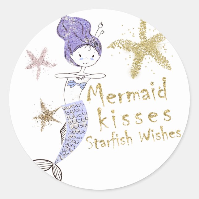 Purple & Gold Glitter Mermaid Birthday Party Favou Classic Round Sticker (Front)
