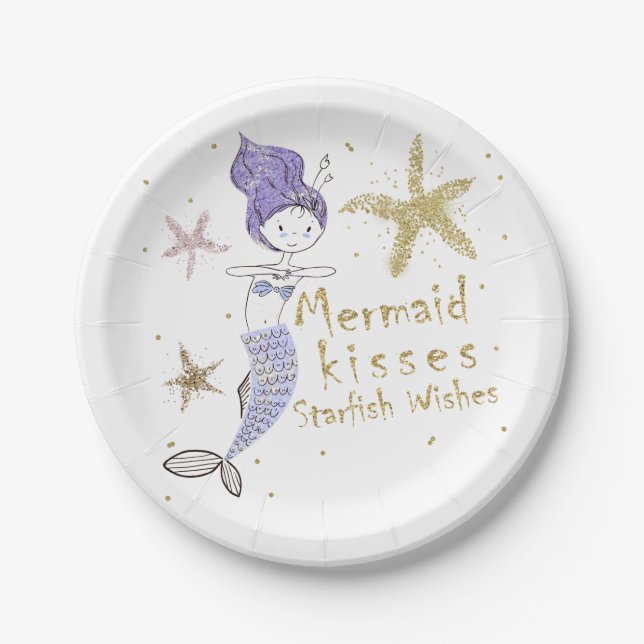Purple & Gold Glitter Mermaid Birthday Party Paper Plate (Front)