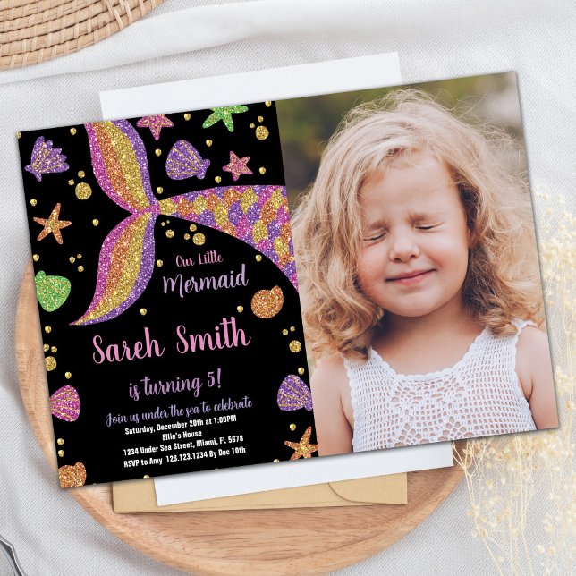Purple Gold Glitter Mermaid Tail Birthday w Photo Invitation (Purple Gold Glitter Mermaid Tail Birthday w Photo Invitation)