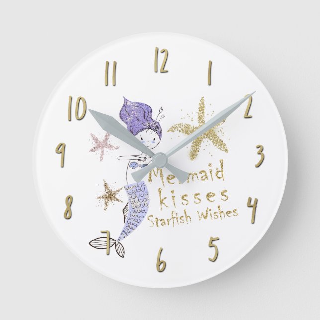 Purple Gold Glitter Mermaid Wishes Starfish Kisses Round Clock (Front)