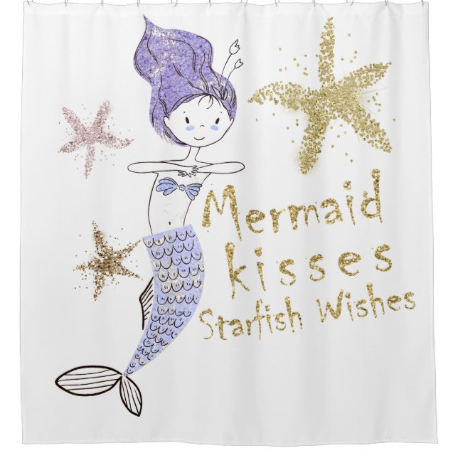 Purple Gold Glitter Mermaid Wishes Starfish Kisses Shower Curtain (Front)