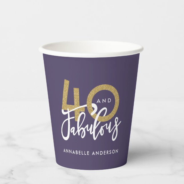 purple gold glitter modern stylish 40th birthday  paper cups (Front)