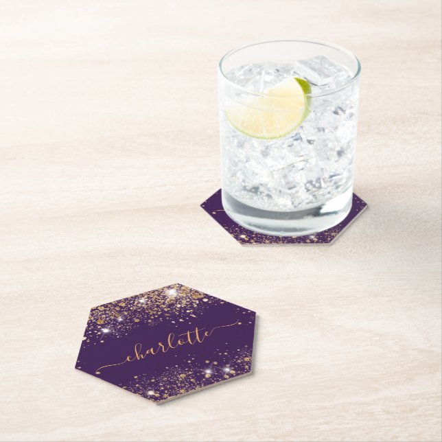 Purple gold glitter name script paper coaster (Insitu)