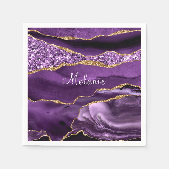 Purple Gold Glitter Napkins Personalised Name (Front)