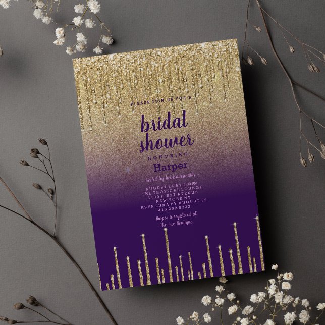 Purple gold glitter ombre drip scrip Bridal Shower Invitation (Purple gold glitter ombre drip scrip Bridal Shower)