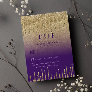 Purple gold glitter ombre drips script RSVP  Invitation
