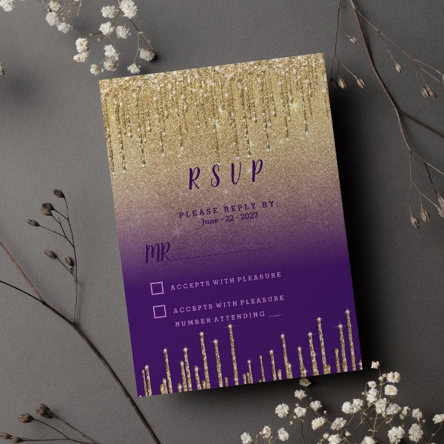 Purple gold glitter ombre drips script RSVP  Invitation (Purple gold glitter ombre drips script RSVP )