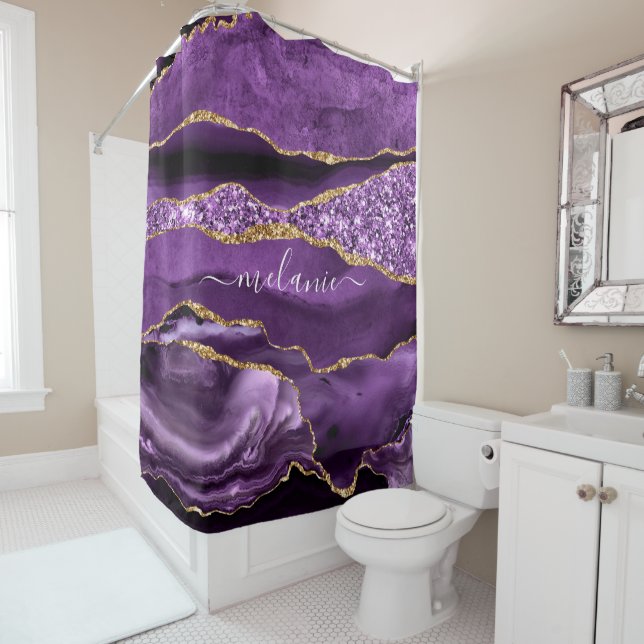 Purple Gold Glitter Shower Curtain Custom Name (In Situ)