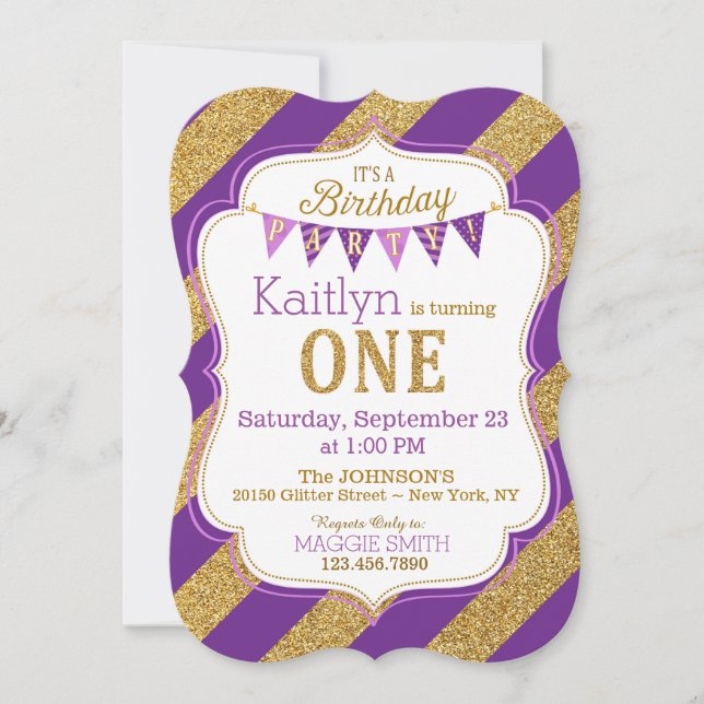 Purple Gold Glitter Sparkle First Birthday Invite (Front)