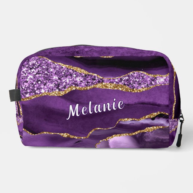 Purple Gold Glitter Sparkly Custom Name Dopp Kit (Front)