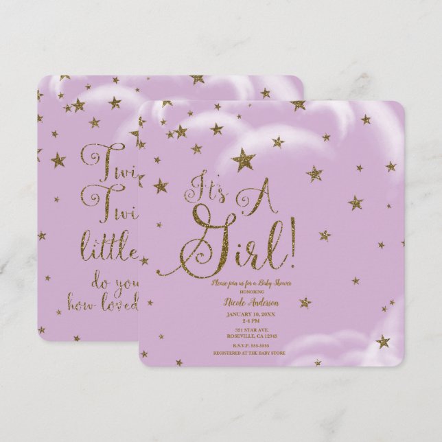 Purple Gold Glitter Stars It's A Girl Baby Shower Invitation (Front/Back)