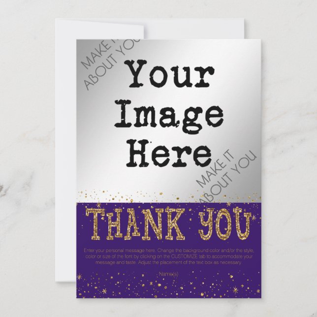Purple & Gold Glitter THANK YOU--handwrite on back Thank You Card (Front)