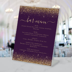 Purple Gold Glitter Wedding Bar Menu Pedestal Sign