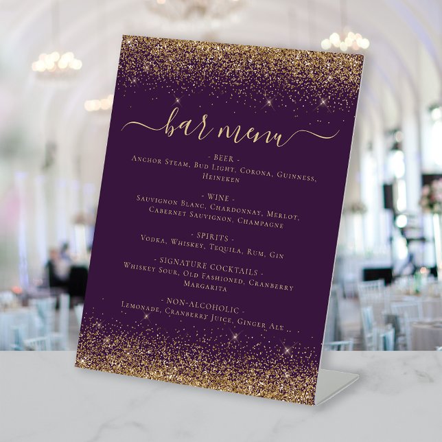 Purple Gold Glitter Wedding Bar Menu Pedestal Sign (Creator Uploaded)