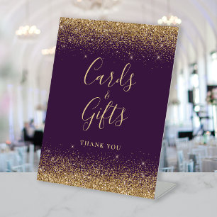 Purple Gold Glitter Wedding Cards and Gifts Pedestal Sign