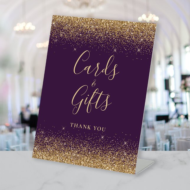 Purple Gold Glitter Wedding Cards and Gifts Pedestal Sign (Creator Uploaded)