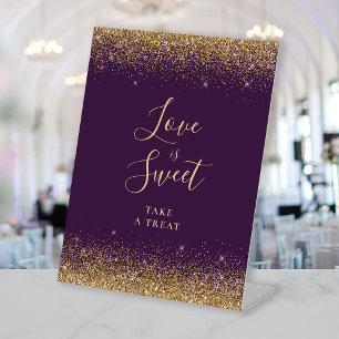 Purple Gold Glitter Wedding Love Is Sweet Pedestal Sign