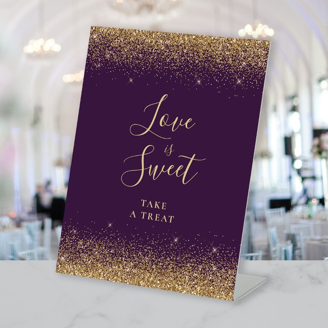 Purple Gold Glitter Wedding Love Is Sweet Pedestal Sign (Creator Uploaded)
