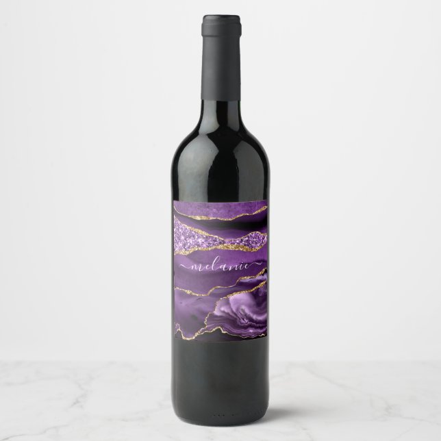 Purple Gold Glitter Wine Label with Custom Name (Front)
