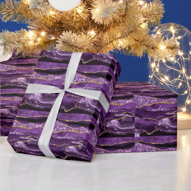 Purple Gold Glitter Wrapping Paper Add Custom Name (Holidays)
