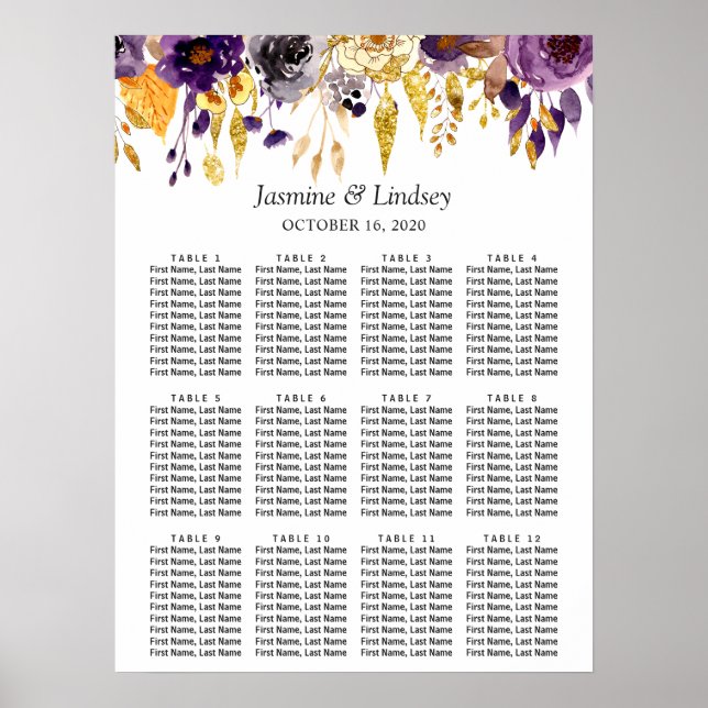 Purple Gold Glitters Floral Wedding Seating Chart (Front)