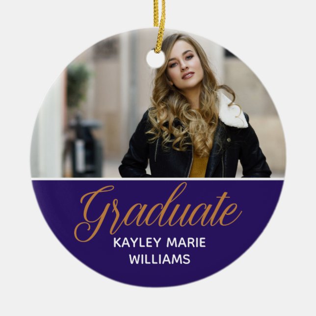 Purple Gold Graduate Photo Graduation Christmas Ceramic Tree Decoration (Front)