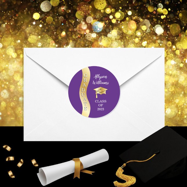 Purple | Gold Graduate Wave Grad Cap Classic Round Sticker (Creator Uploaded)