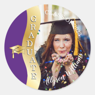 Purple   Gold Graduate Wave Grad Cap Photo Classic Round Sticker