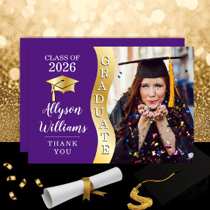 Purple Gold Graduate Wave Grad Cap Photo Thank You Card