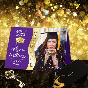 Purple Gold Graduate Wave Grad Cap Photo Thank You Card