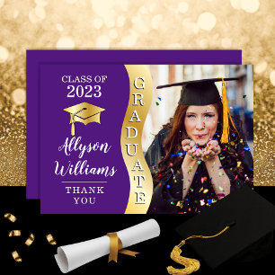 Purple Gold Graduate Wave Grad Cap Photo Thank You Card