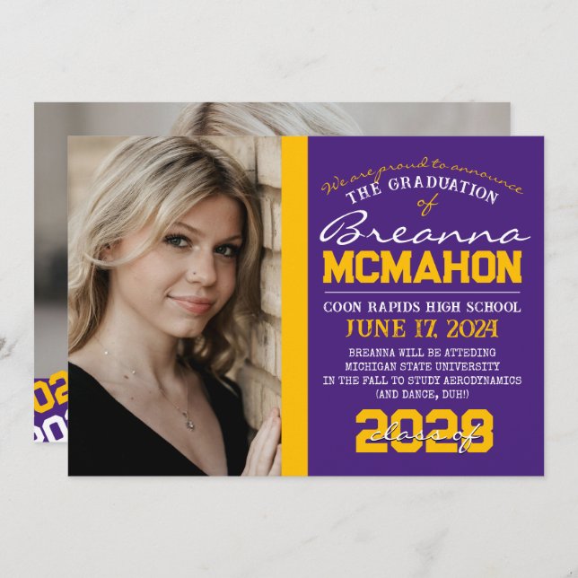 Purple & Gold Graduation 2 Photo Announcement (Front/Back)