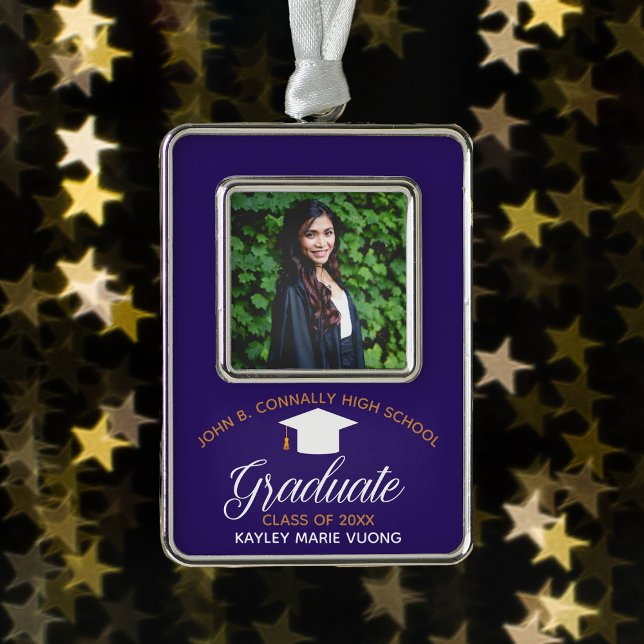Purple Gold Graduation Custom 2025 Graduate Photo Silver Plated Framed Ornament (Creator Uploaded)