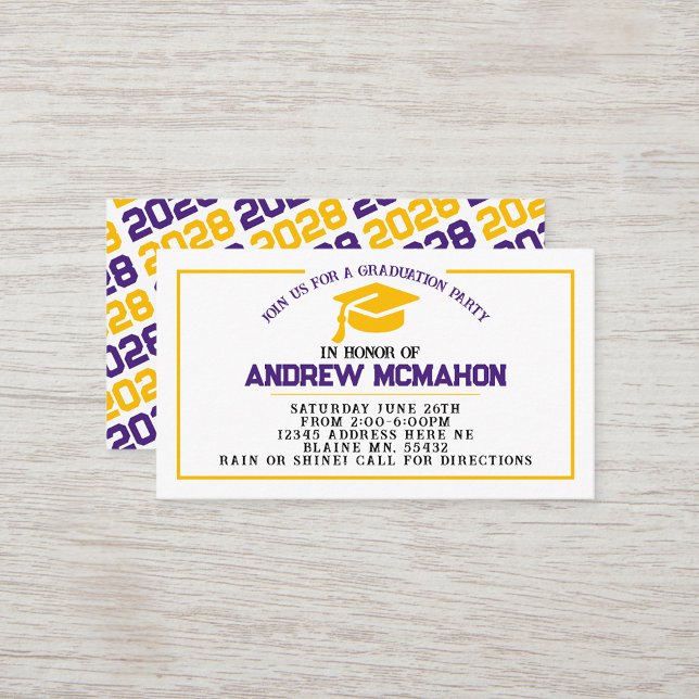 Purple Gold Graduation Invite Announcement Insert (Purple White & Gold Mini Graduation Invitations for friends, classmates, teammates or announcements)