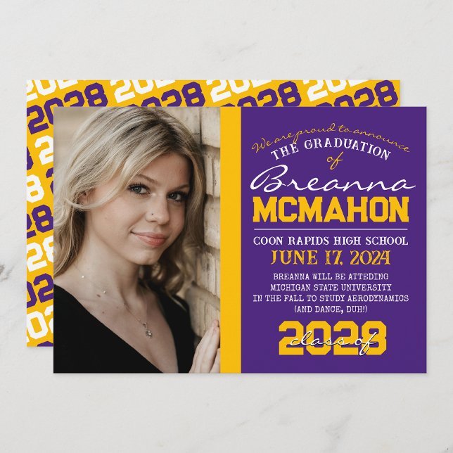 Purple & Gold Graduation Photo Announcement (Repeating Class Year 1 & 2 Photo Graduation Invitations & Announcements)