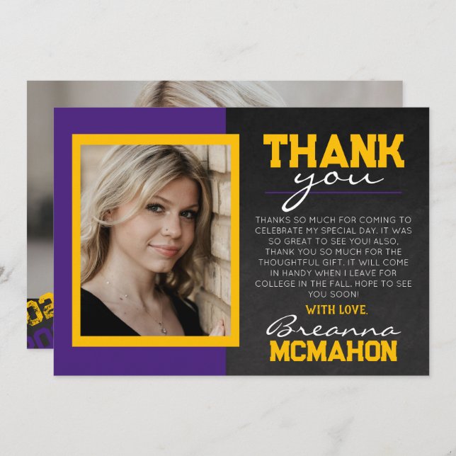 Purple & Gold Graduation Photo Thank You Card (Front/Back)