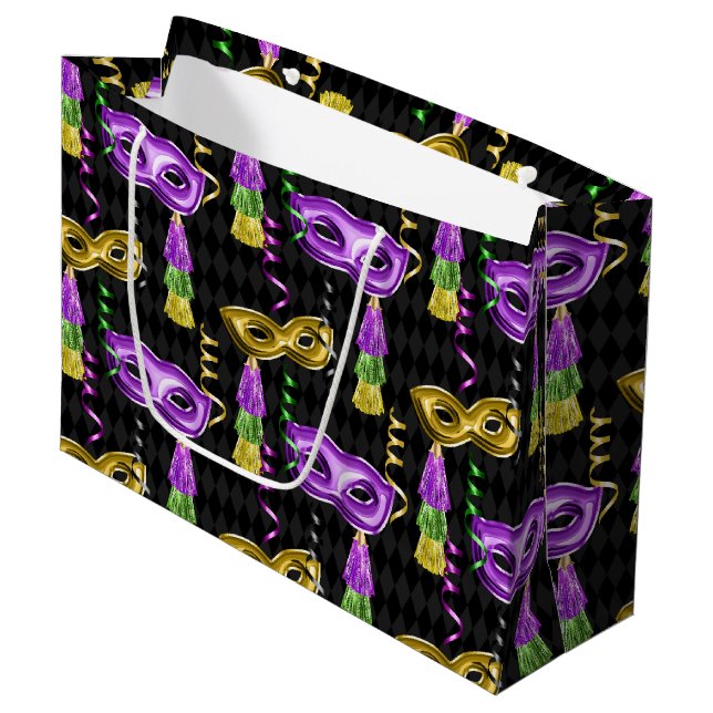 PURPLE GOLD GREEN MARDI GRAS MASKS LARGE GIFT BAG (Front Angled)