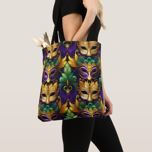 PURPLE GOLD GREEN MARDI GRAS MASKS TOTE BAG (Close Up)