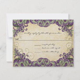 Purple Gold & Green Peacock Wedding RSVP Card