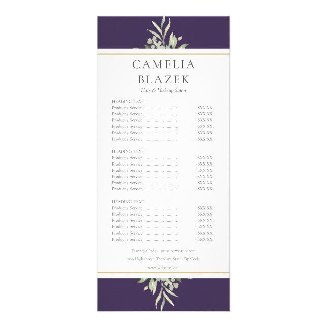 Purple Gold Greenery Salon Service Menu (Front)