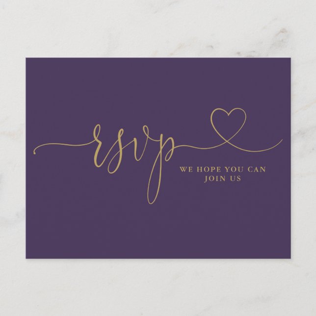 Purple Gold Heart Script Song Request RSVP Card (Front)