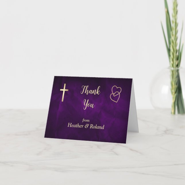Purple Gold Hearts Christian Cross Wedding Thank You Card (Front)