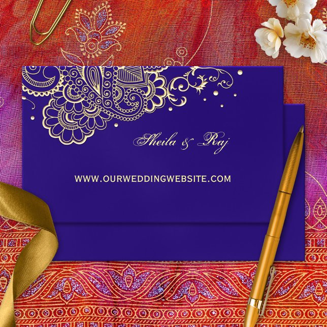 Purple Gold Henna Wedding Website Business Card (Wedding website card with a gold printed henna or lace design inspired by Moroccan and Indian art)
