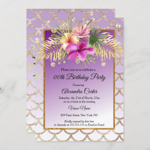 Purple Gold Hibiscus Floral Birthday Party Invitation