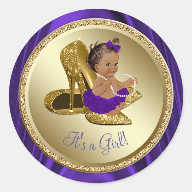 Purple Gold High Heel Shoe Ethnic Girl Baby Shower Classic Round Sticker (Front)